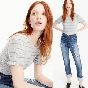J. Crew Ribbed Striped T Shirt With Ruffles Gray Women's Medium